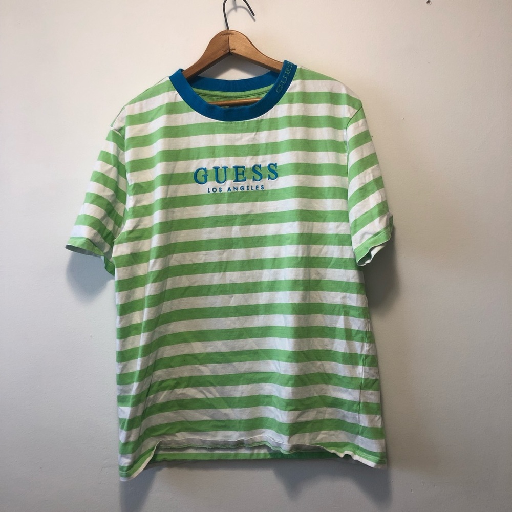 Vintage 90s Style Guess Green Striped T-shirt - Picture 3 of 8